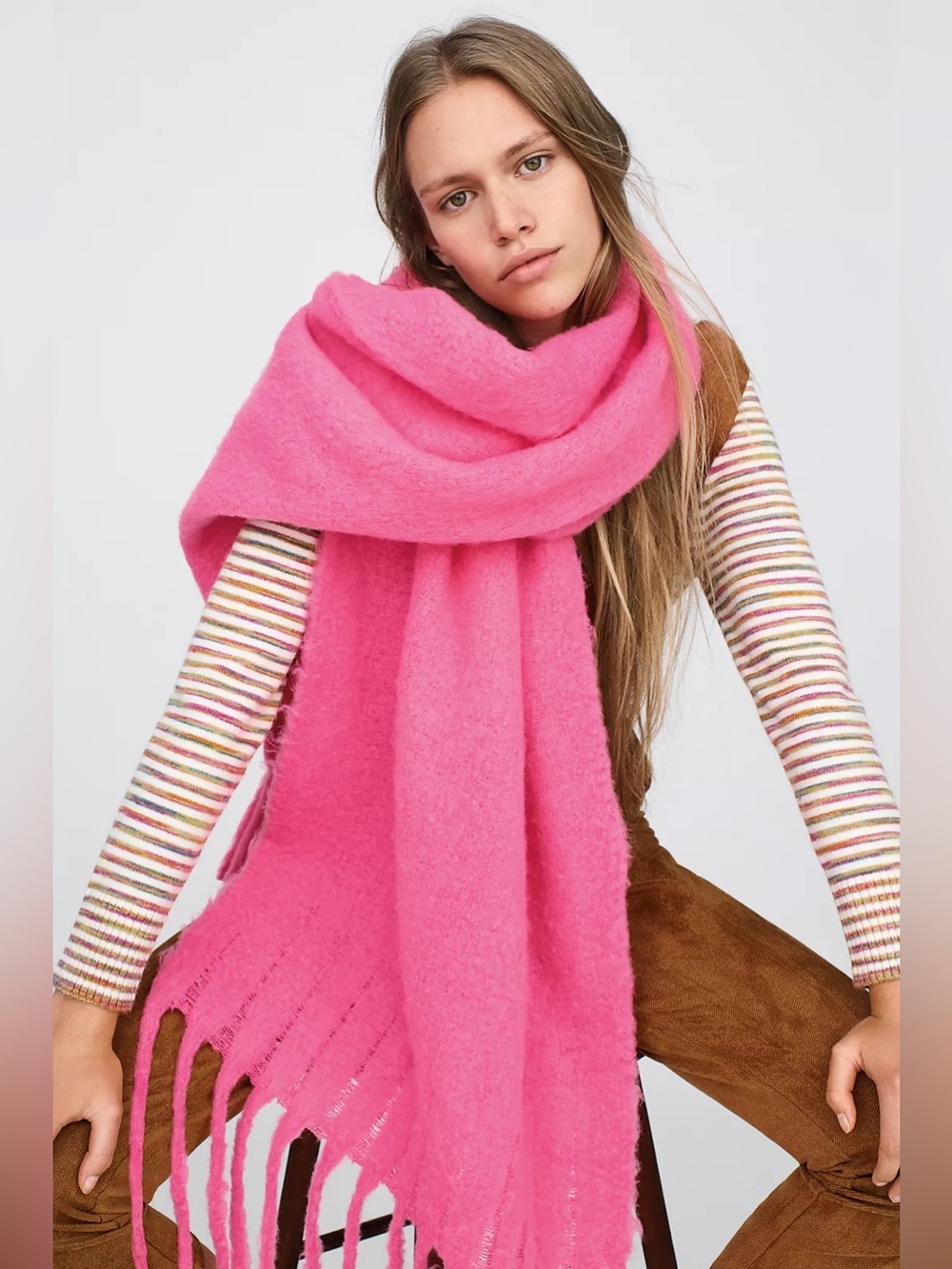 Anthropologie / Barclay Fringed Wrap Scarf Pink Chunky Oversized